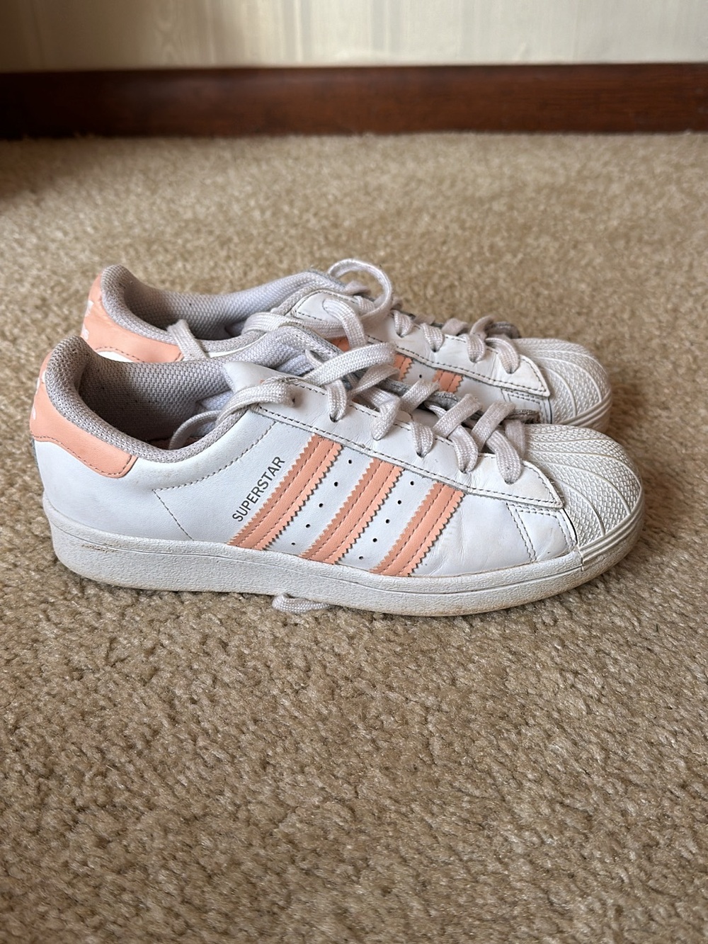 adidas Kids Superstar Sneakers in White with Peach Stripes